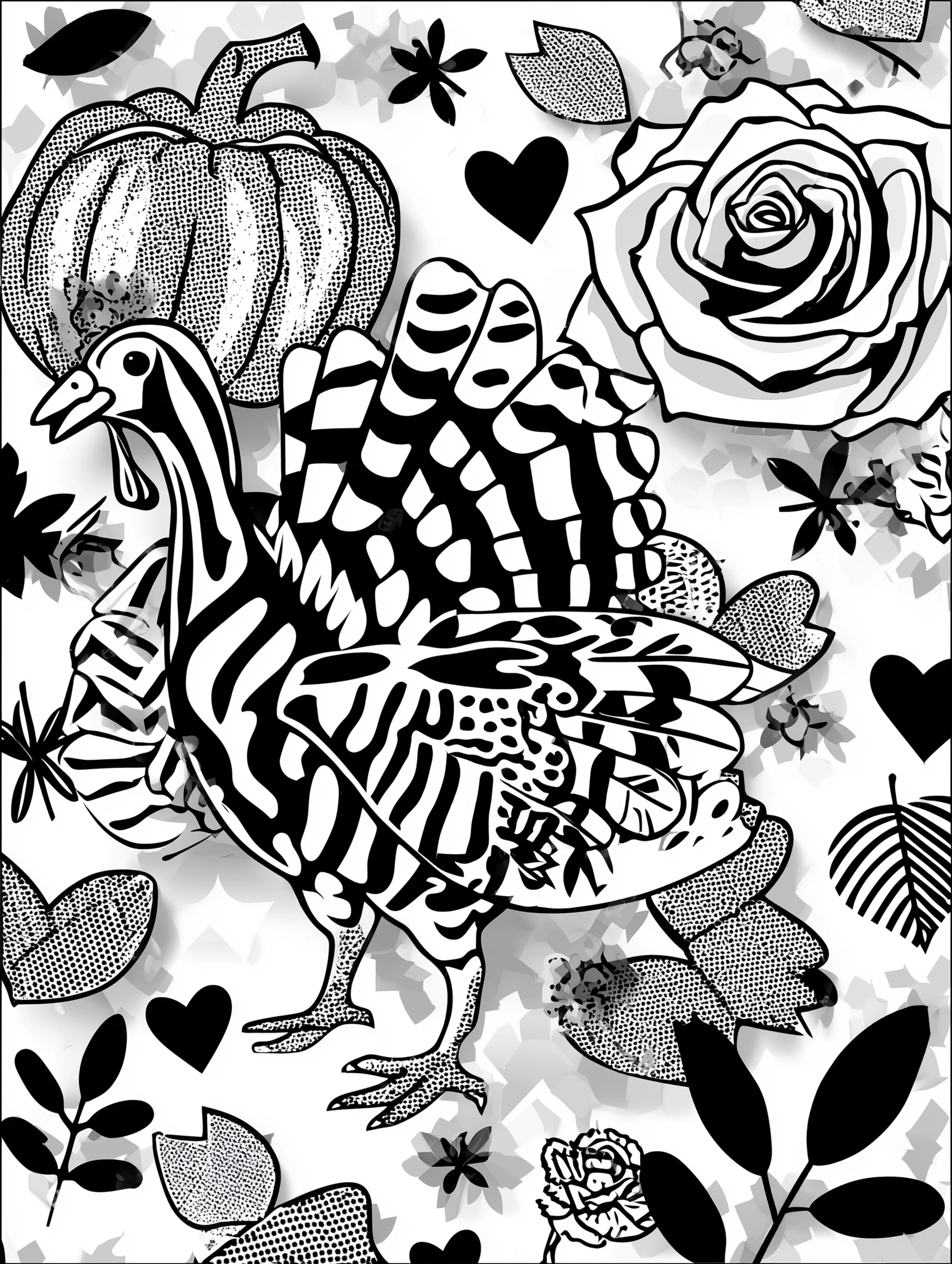 Free printable thanksgiving coloring page for adults featuring a turkey and pumpkin in black and white